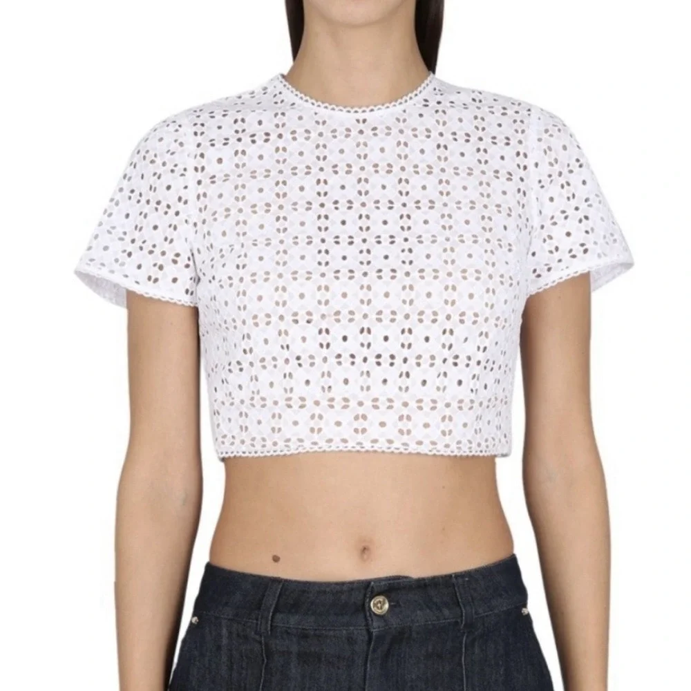 MICHAEL MICHAEL KORS Geo Eyelet Cropped Short Sleeve Top White Size 0‎ XS $155
